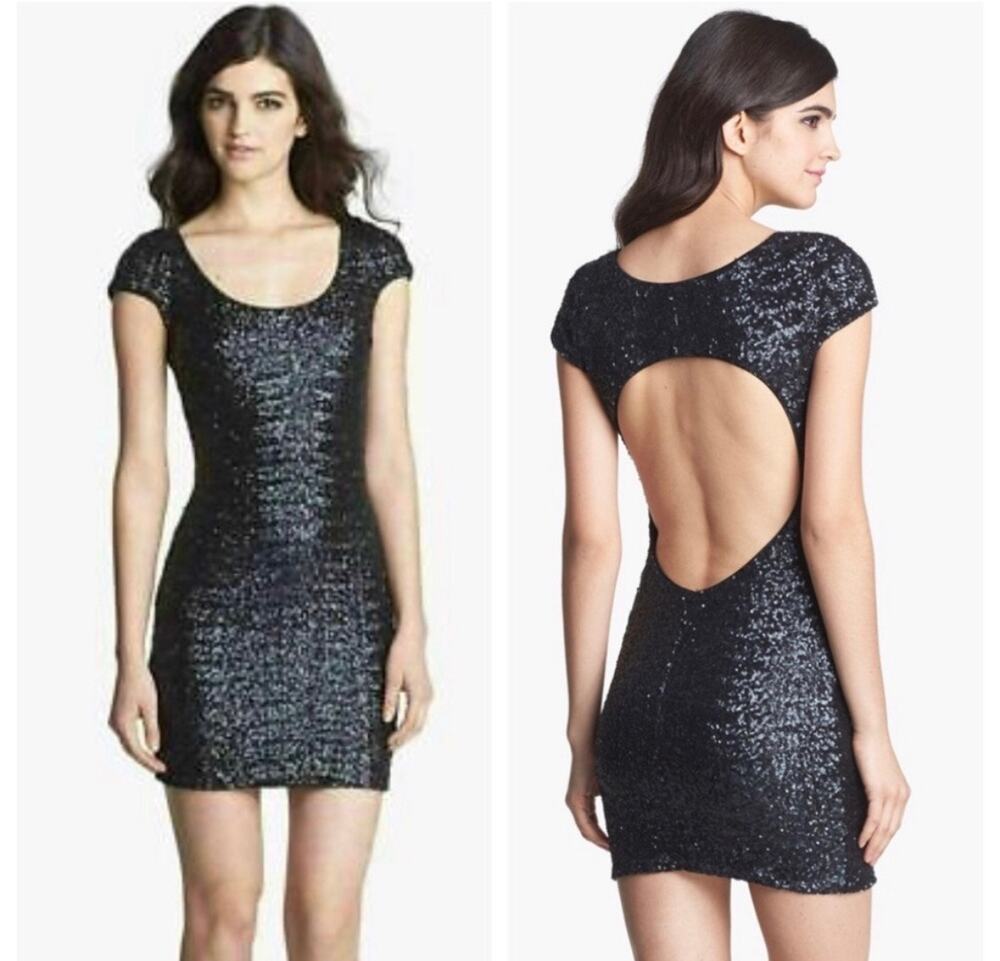 Dress The Population Gabriella Black Sequin Bodycon Dress XS Open Back Party